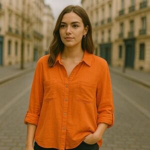 Magashoni Gauze Rust Organic Cotton Button Up Shirt Oversized Orange Women's‎ M